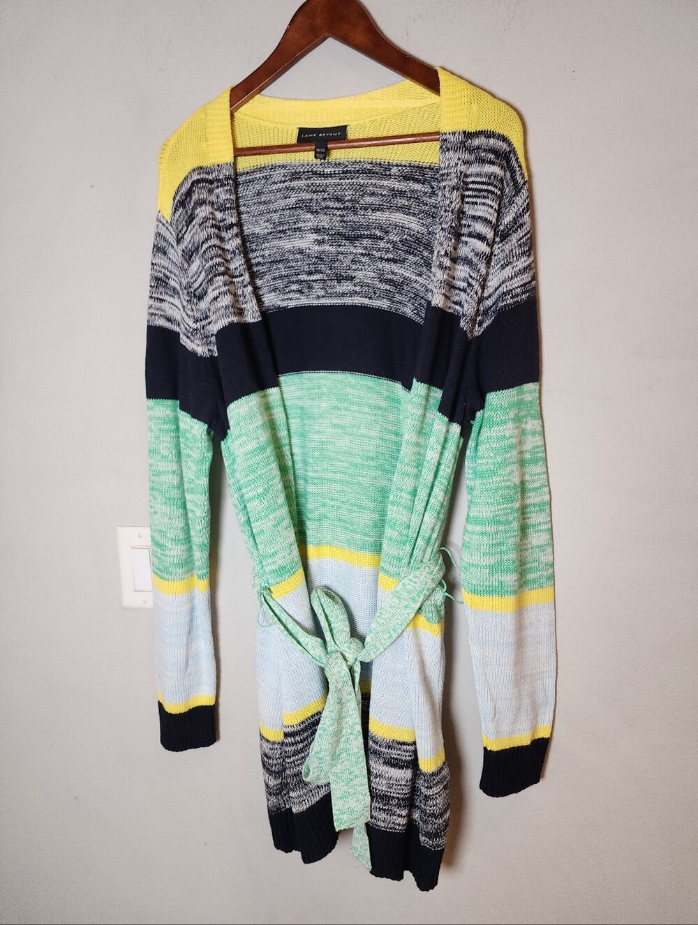 Lane Bryant Knit Cardigan Open Front Belt Green Blue Yellow White Stripe 18/20